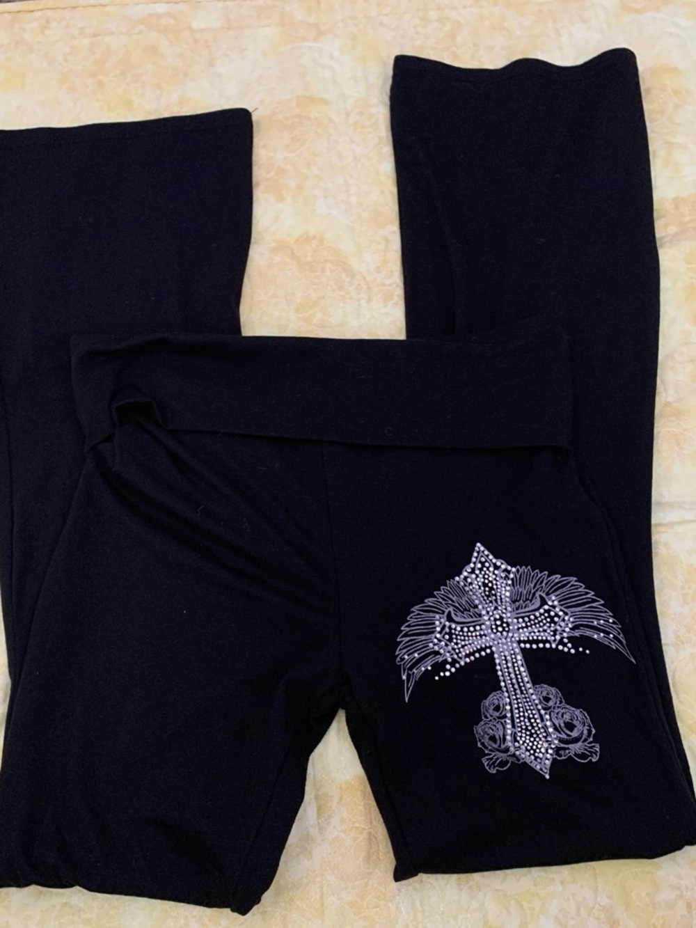 Black Leggings with Rhinestone Cross Accent